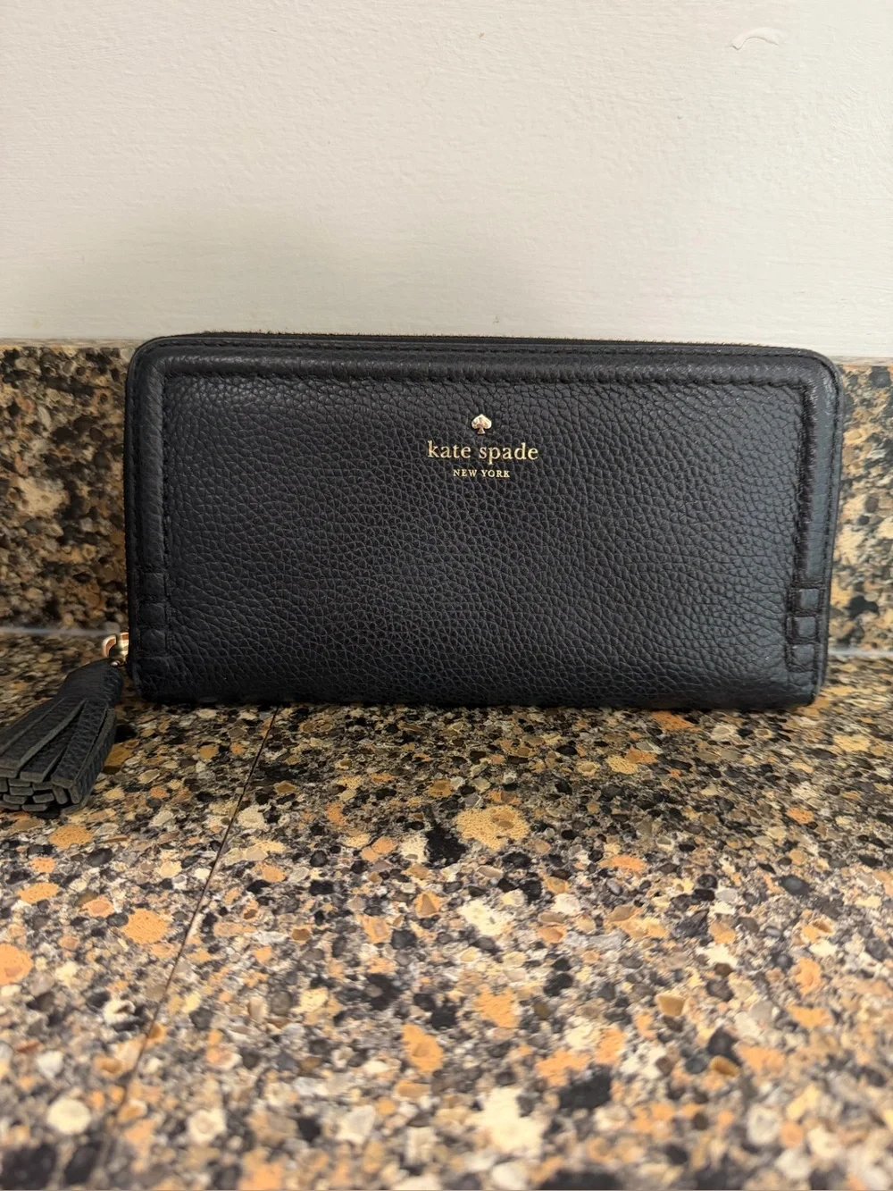 kate spade New York Black Leather Zip Wallet with Tassel